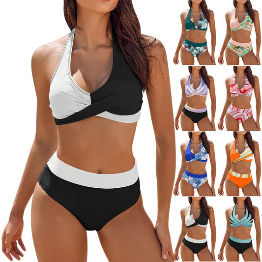 2025 Trendy Color Block Floral Bikini – High Waist Two-Piece Swimsuit for Women & Teens
